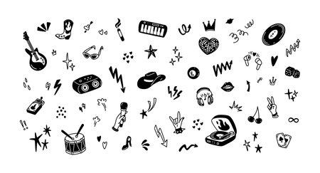 Handwritten doodle rock n roll graphic background. Punk music festival. Retro vintage vinyl player, guitar, microphone. Cowboy disco party. Set of cowgirl aesthetic stickers, icons, design elementsのイラスト素材