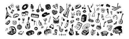 Handwritten doodle music design elements and icons. Punk, rock festival sketch background. Guitar, piano, flute and other musical instruments. Y2k retro disco crayon concept. Vinyl vintage playerのイラスト素材