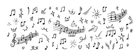 Set of hand drawn doodle music notes. Handwritten crayon scribble. Musical symbols sketch. Childish melody background. Whimsical chalk kid pattern. Classic concert poster designのイラスト素材