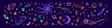 Colorful neon crayon outer space childish background. Hand draw stars, comets, planets, Sun, Moon pencil drawings. Earth with satellite. Universe cosmic pastel and paint drawn vector designのイラスト素材