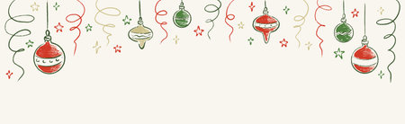 Hand drawn crayon doodle festive winter holidays horizontal rectangle background. Merry Christmas and Happy New Year greeting card, celebration party invitation. Christmas tree baubles, confettiのイラスト素材