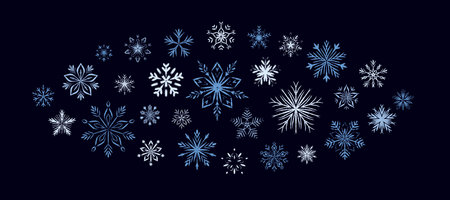 Dark blue hand drawn crayon snow flake background. Winter Merry Christmas and Happy New Year whimsical poster. Pastel, paint brush, pencil, chalk sketch drawing. Festive pattern snowflake ornamentのイラスト素材