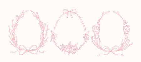 Set of hand drawn doodle floral Easter egg frames. Whimsical bow ribbon pink border. Tulip, rose, peony, willow filigree spring wreath. Greeting card, label, sale design, invitation templateのイラスト素材
