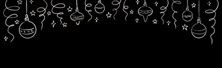 Merry Christmas and happy New Year hand drawn doodle background with Christmas tree ornament bauble, ball and decoration. Chalk border scribble on the blackboard. Xmas holiday patternのイラスト素材