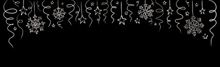 Merry Christmas and happy New Year hand drawn doodle background with Christmas tree decoration, snowflakes, serpentine. Chalk border scribble on the blackboard. Xmas holiday patternのイラスト素材