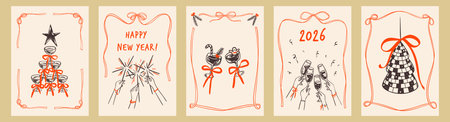 Merry Christmas and Happy New Year hand drawn sketch doodle poster set. Whimsical coquettish bachelorette xmas party, girly disco background. Bow ribbon frame with cocktail, champagneのイラスト素材