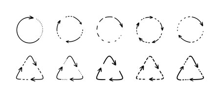Set of doodle handwriting recycle symbols. Circle round arrow sign. Hand drawn reuse repeat cycle icon. Crayon vector line ecology drawing. Refresh; reset; download scribble illustのイラスト素材