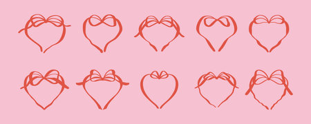 Set of pink heart bow ribbon frames in girly coquette style. Flirtatious hand drawn doodle red romantic border for valentines day cards, wedding invitations, birthday designs, bachelorette partyのイラスト素材