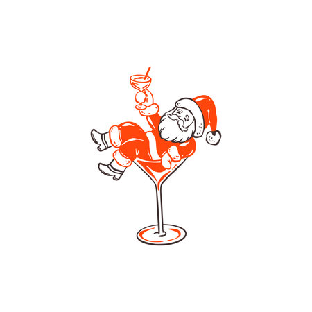 Hand drawn doodle funky quirky Santa Claus sitting in martini glass drinking cocktail. Merry Christmas and Happy New Year whimsical icon. Disco party design element. Crayon funny drawingのイラスト素材