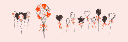 Romantic hand drawn doodle design elements, star, heart, glitter balloon bunch. Pink Valentines Day, girly Birthday party, wedding, bachelorette bridal shower whimsical coquette bow balloon backgroundのイラスト素材