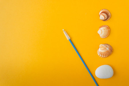Ear brush with blue stick for professional ear cleaning of dogs and cats. Yellow background with sea shells.の写真素材