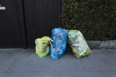 Group of different colors bags for sorting garbage on the europe street. For plastic, paper, metal and organic waste.の写真素材