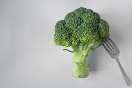 Raw green bunch of broccoli picked on a fork, isolated on white background. Fasting and detox day, vegetarian concept.の写真素材