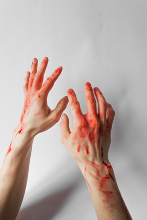 Bloody man hands isolated on white background. Hands of a murderer and a rapist. Halloween concept.の写真素材