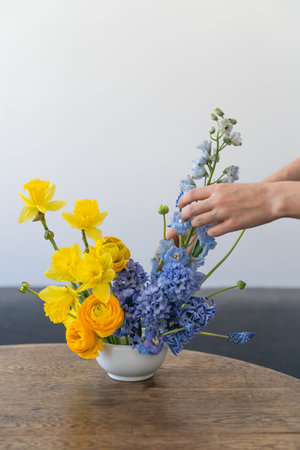 Florist womans hands create flowers arrangement with seasonal spring garden blue and yellow flowers.の写真素材