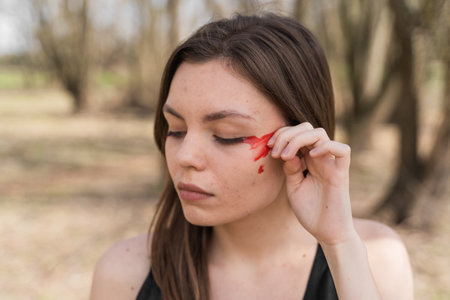 Young caucasian woman wipes her bloody tears with her fingers. Crying Ukrainian woman.の写真素材