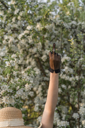 Womans hand showing middle finger in vintage black lace glove with luxury ring. Fuck off sign.の写真素材