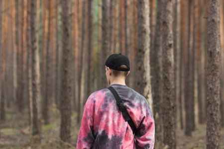 Alone young man in casual clothing and black hat with shoulder belt bag walking in a pine autumn forest. Rear view.の写真素材
