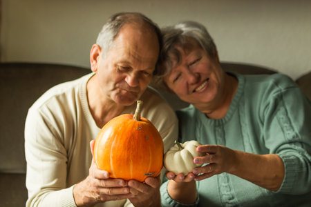 Smiling senior couple holding two pumpkins side by side. Happy elderly family preparing decor to Halloween holiday.の写真素材