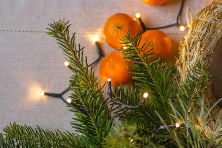 Eco straw base with different fir branches, garland lights and tangerine fruits isolated on the table. Ready to make christmas wreath on floristic holiday workshop. Handmade and Xmas decor concept.の写真素材