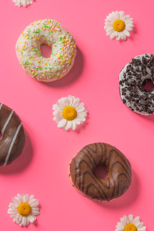 Different donuts coated with a chocolate and white frosting isolated on a pink background with chamomile flowers. top view. National Donut Day. Shopping and holidays sale concept.の写真素材