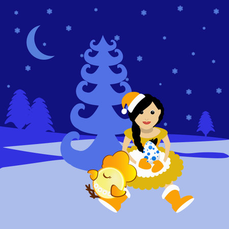 Miss Snow Maiden Santa Claus with symbol 2017 rooster chicken chicken eggの写真素材