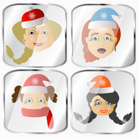 Icons, pictures, pendents about four Mrs. Santa Claus a vector on a gray background happy holidayの写真素材