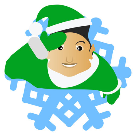 the elf Santa Claus the brunette in the form of a snowflake an icon. on a white fone.dlya of the press, undershirts, t-shirts, fabric, cards, design. vector illustrationの写真素材
