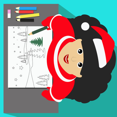 Miss Snow Maiden Santa Claus view from above draws on a white sheet for writing text pencils landscape Christmas banner illustrationのイラスト素材