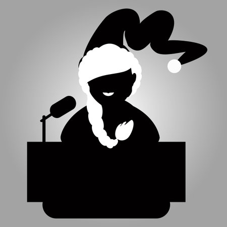 Santa Claus girl cheerful cap, smile. the tribune of an interview to let speak the microphone. vector illustration 10. On light it is easy to separate a background. Black white. To spend for the press, the website, an undershirt,のイラスト素材