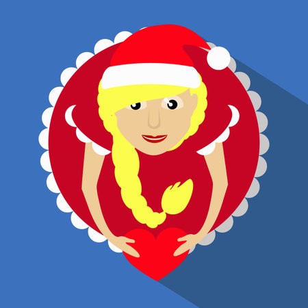 miss claus santa with snowflakes heart in the hands of the round button to clickのイラスト素材