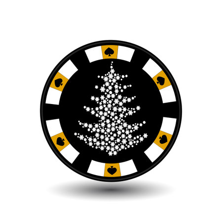 chip poker casino Christmas new year. Icon vector illustration  on white easy to separate the background. To use for sites, design, decoration, printing, etc. In the middle of the Christmas tree made of snowflakes on yellow chipのイラスト素材