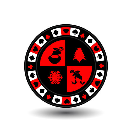 chip poker casino Christmas new year. Icon vector illustration  on white easy to separate the background. To use for sites, design, decoration, printing, etc. In the middle of Santa Claus, girl Santa Claus, Christmas tree and snowflake on red chip.のイラスト素材