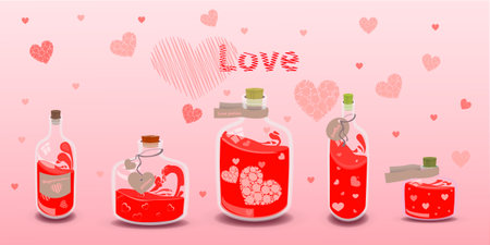 valentine s day. Five elixir of love with labels. illustration on isolated background. FOR USE design, decoration, printing, smart phone, website, etc.のイラスト素材