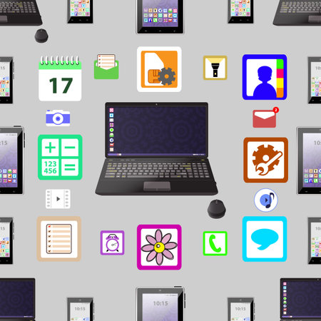 Laptop, smartphone, tablet and labels. Seamless pattern. computer on gray background isolation. Use for printing, websites, decor, design phone text banner etcのイラスト素材