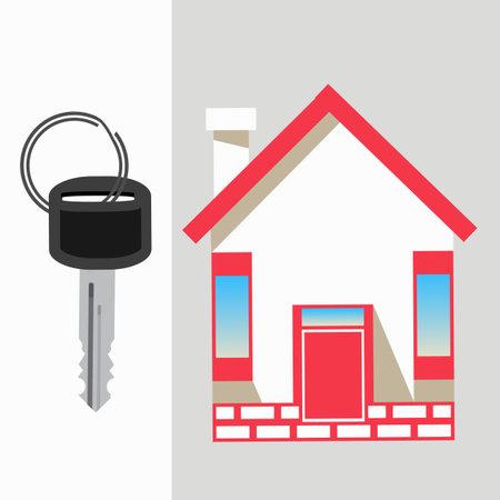 House and key. icon with a red roof. on a pastel background. Illustrations. Use for Website, phone, computer, printing, fabric decoration design etcのイラスト素材