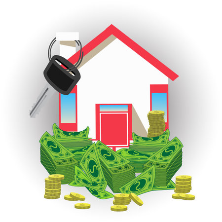 House key with money. an icon with a red roof. on a pastel background. Illustrations. Use for Website, phone, computer, printing, fabric, decoration design etcのイラスト素材