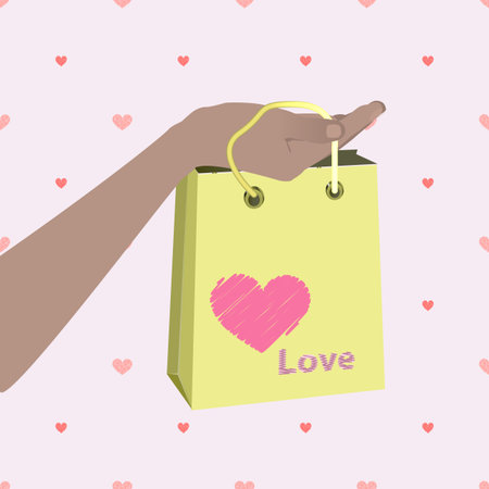 hand holding shopping bag. Valentine s Day. Illustrations. Use for Website, phone, computer printing fabric decoration design etcのイラスト素材