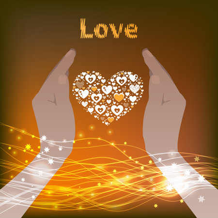 two hands holding a heart on  gold background.のイラスト素材