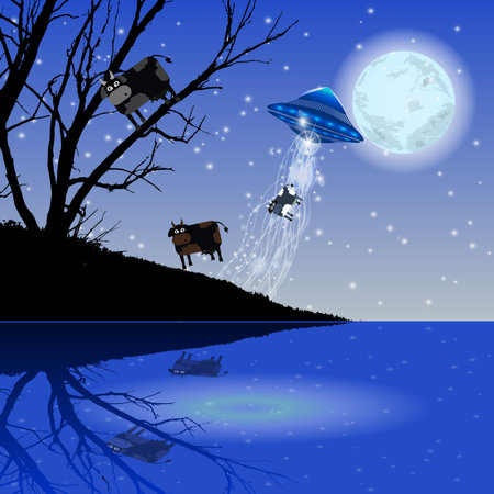 Abduction UFO flying cow. Illustration. Use wallpaper for, the website, smart phone, tablet PC, printing etcのイラスト素材