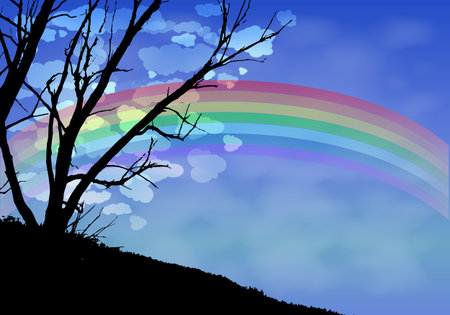 Trees silhouette night clouds and a rainbow. Illustration. Use wallpaper for, the website, smart phone, tablet PC, printing, etc.のイラスト素材