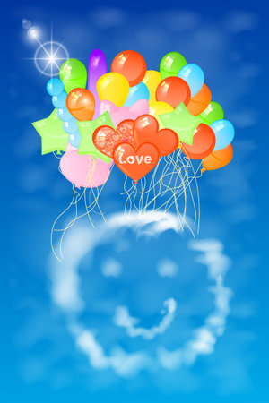 smiley cloud for many balloons. illustration. against the sky. used for printing, website, smart phone, tablet computer, decoration, design etcのイラスト素材