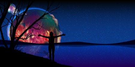 Mars is a fiery planet silhouette of a person. Landscape water beacon signal. Illustration. Use wallpaper for, the website, smart phone, tablet PC, printing, etc.のイラスト素材