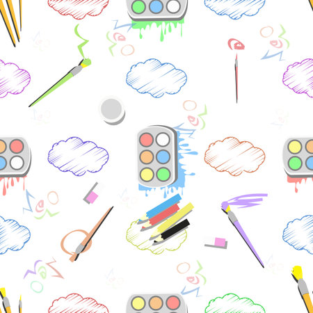 paint with a brush and clouds. seamless pattern. children s illustration. is used to print, website, smartphone, design, textiles, ceramics, fabrics, prints postcards packaging etcのイラスト素材