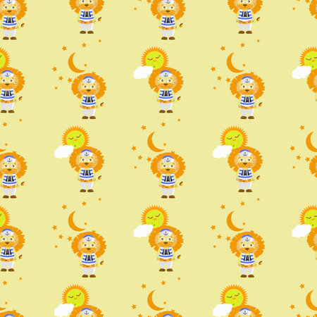 lion and leaves. seamless pattern. children s illustration. is used to print, website, smartphone, design, textiles, ceramics fabrics prints postcards packaging etcのイラスト素材