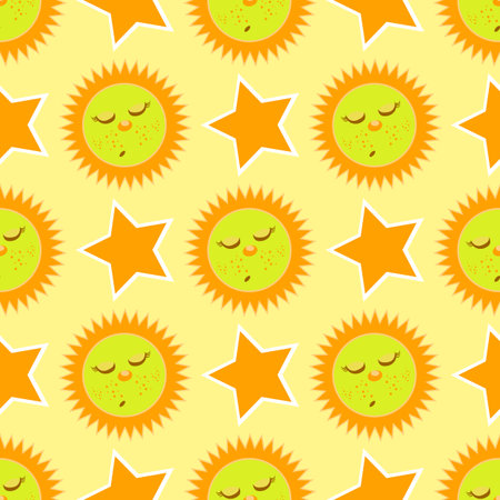 sleeping sun and star. seamless pattern. children s illustration. used for printing, the website, Smart Phone, design etcのイラスト素材