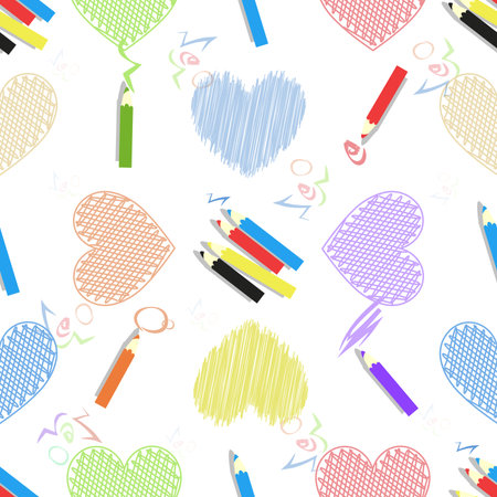 colored pencils and lettering heart. seamless pattern. children s illustration. used for printing, the website, Smart Phone, design etcのイラスト素材