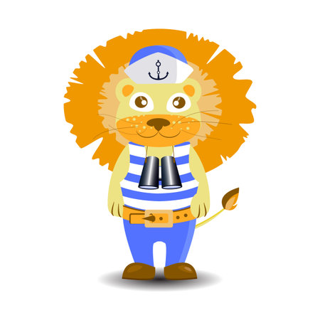 Lion sailor with binoculars. children s illustration. is used to print, website, smartphone, design, textiles, ceramics, fabrics prints postcards packaging etcのイラスト素材