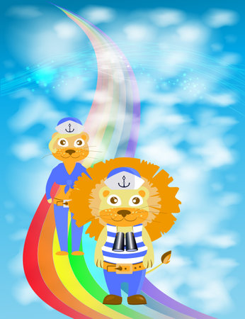 lion and lioness walk on a rainbow. children s illustration. is used to print, website, smartphone, design, textiles, ceramics, fabrics, prints postcards packaging etcのイラスト素材