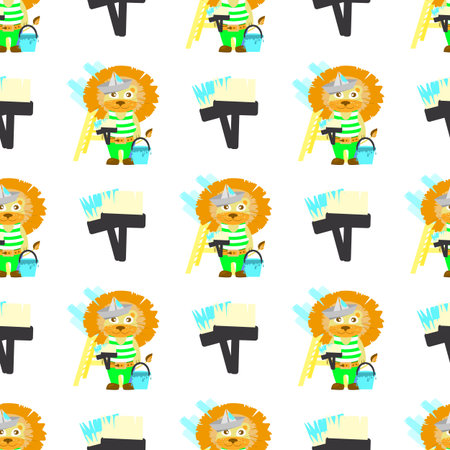 lion painter. brush and a bucket of paint. children s illustration. used for printing, the website, smart phone, design, textiles, ceramics, fabrics, prints postcards packaging etcのイラスト素材